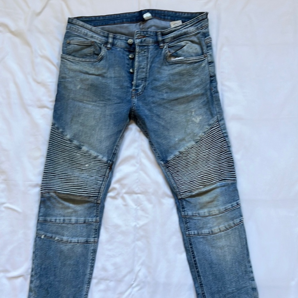 Motor cycle style jeans.